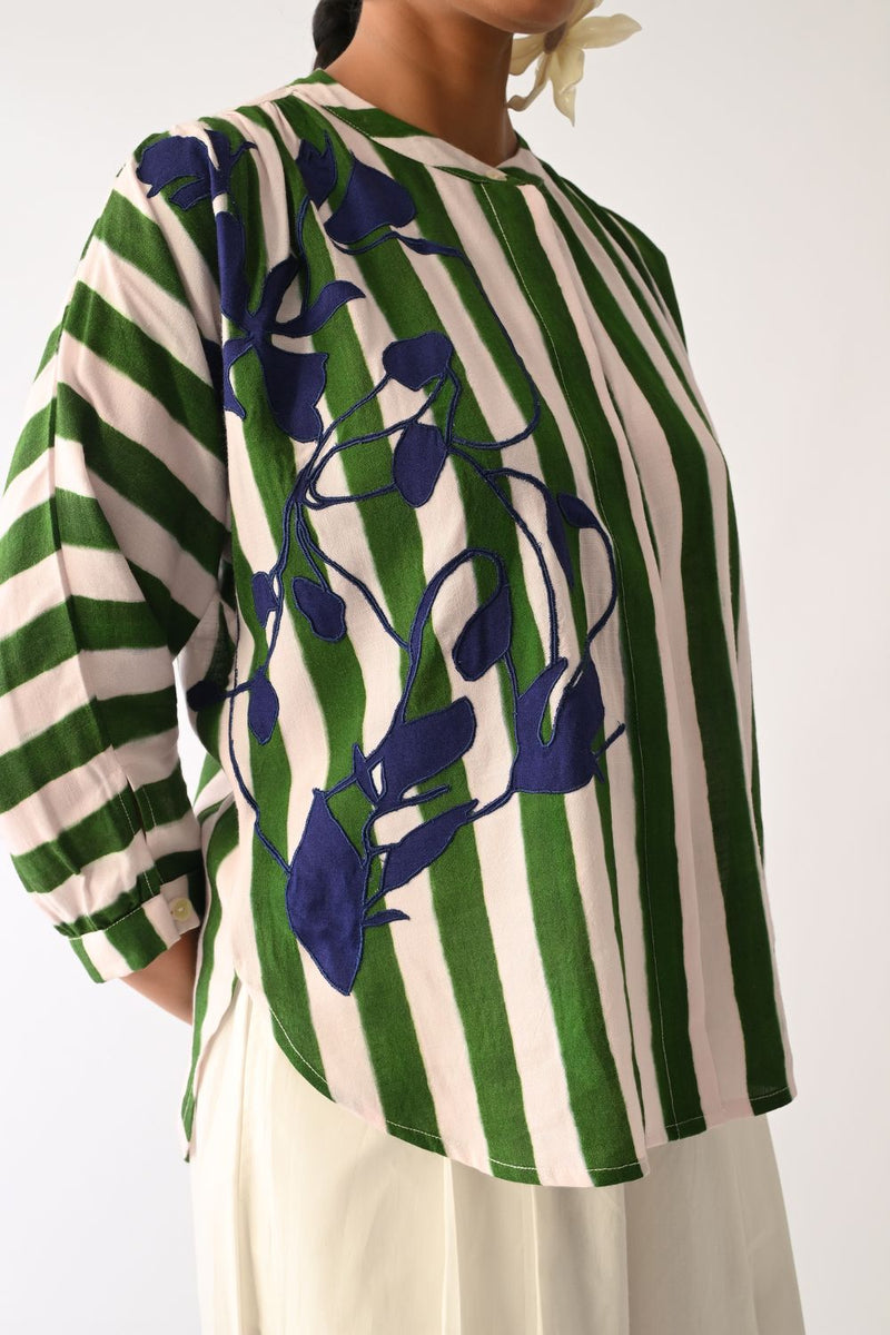 Revolt G Rj Appliqué Top cotton top/shirt by O'Frida in green & white for women in Singapore