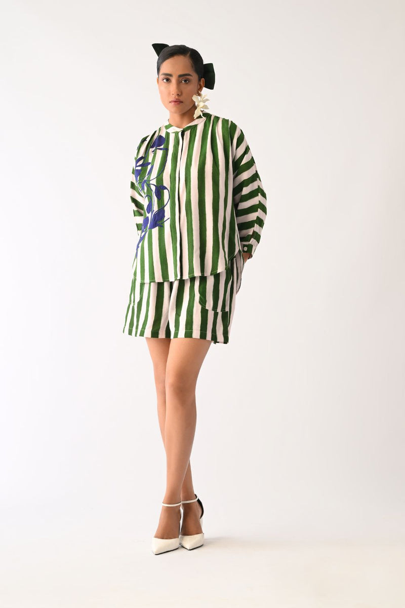 Revolt G Shorts cotton shorts-for-women by O'Frida in green & white for women in Singapore