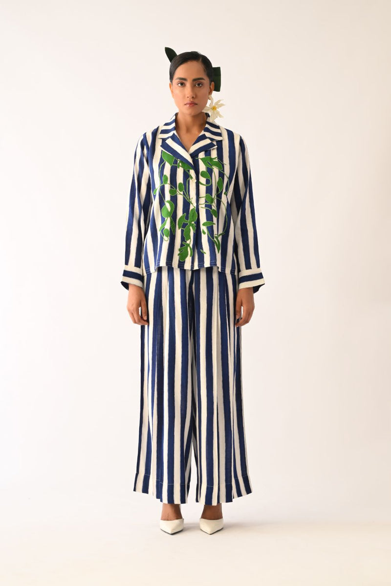 Revolt RB Cuban Collar Appliqué Shirt cotton top/shirt by O'Frida in royal blue & white for women in Singapore