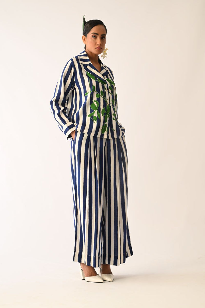 Revolt RB Cuban Collar Appliqué Shirt cotton top/shirt by O'Frida in royal blue & white for women in Singapore