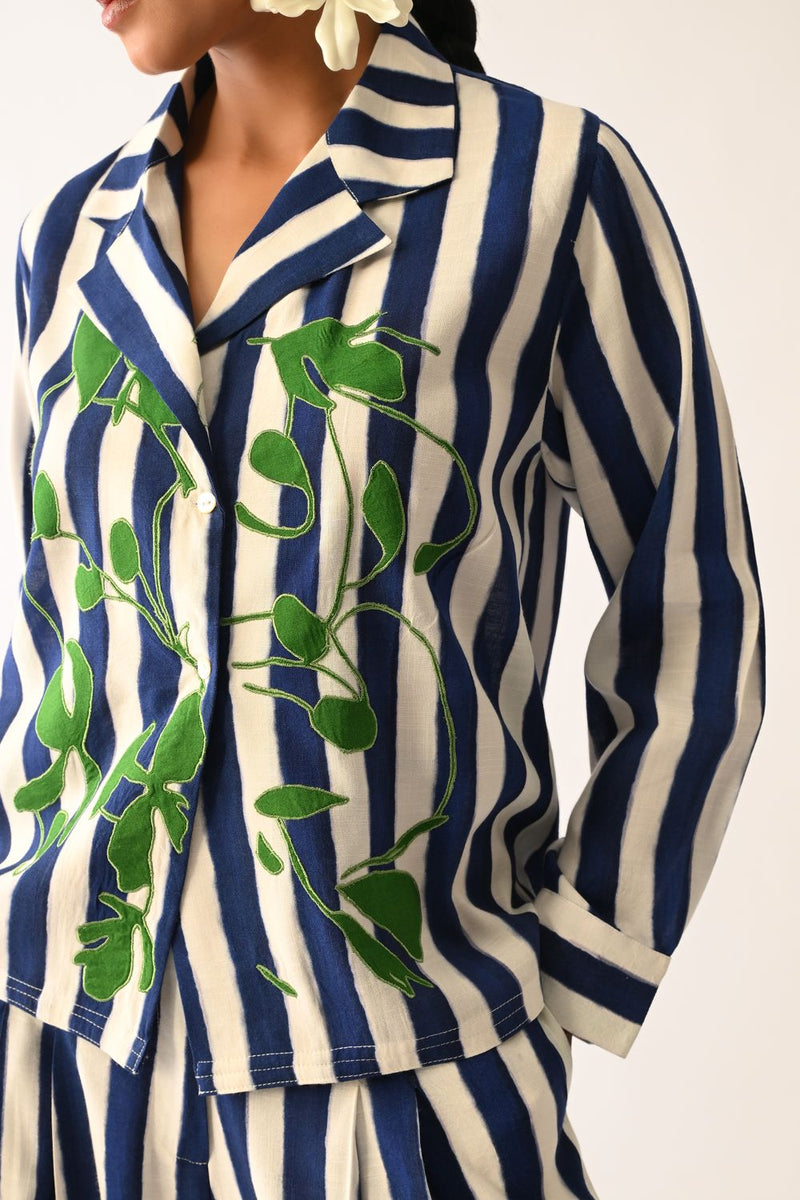 Revolt RB Cuban Collar Appliqué Shirt cotton top/shirt by O'Frida in royal blue & white for women in Singapore