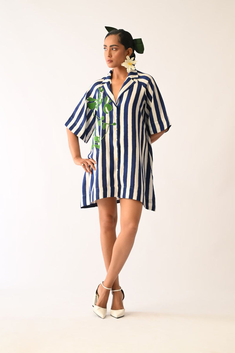 Revolt RB Trench Aline Short Appliqué Dress cotton dress by O'Frida in royal blue & white for women in Singapore