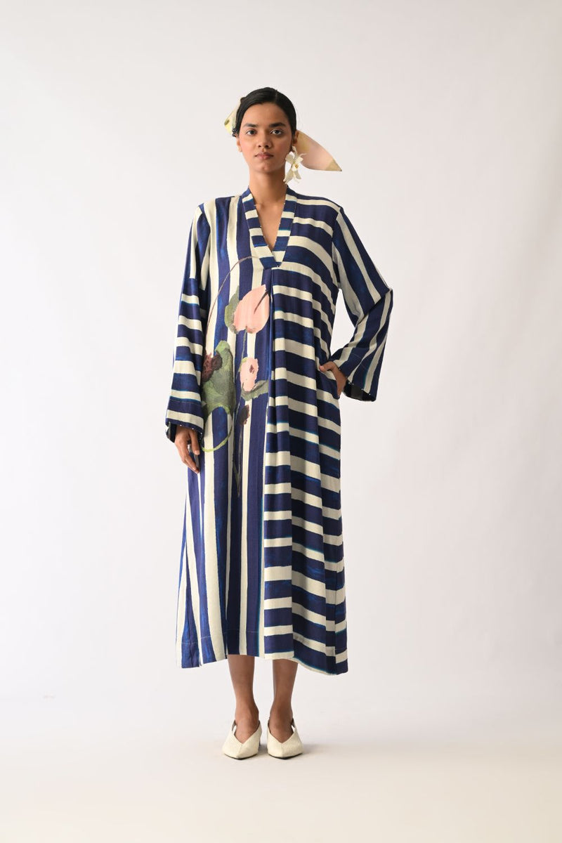 Prussian Aline Dress twill slub dress by O'Frida in royal blue & white for women in Singapore
