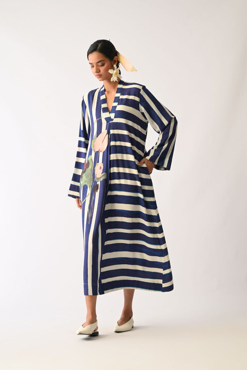 Prussian Aline Dress twill slub dress by O'Frida in royal blue & white for women in Singapore