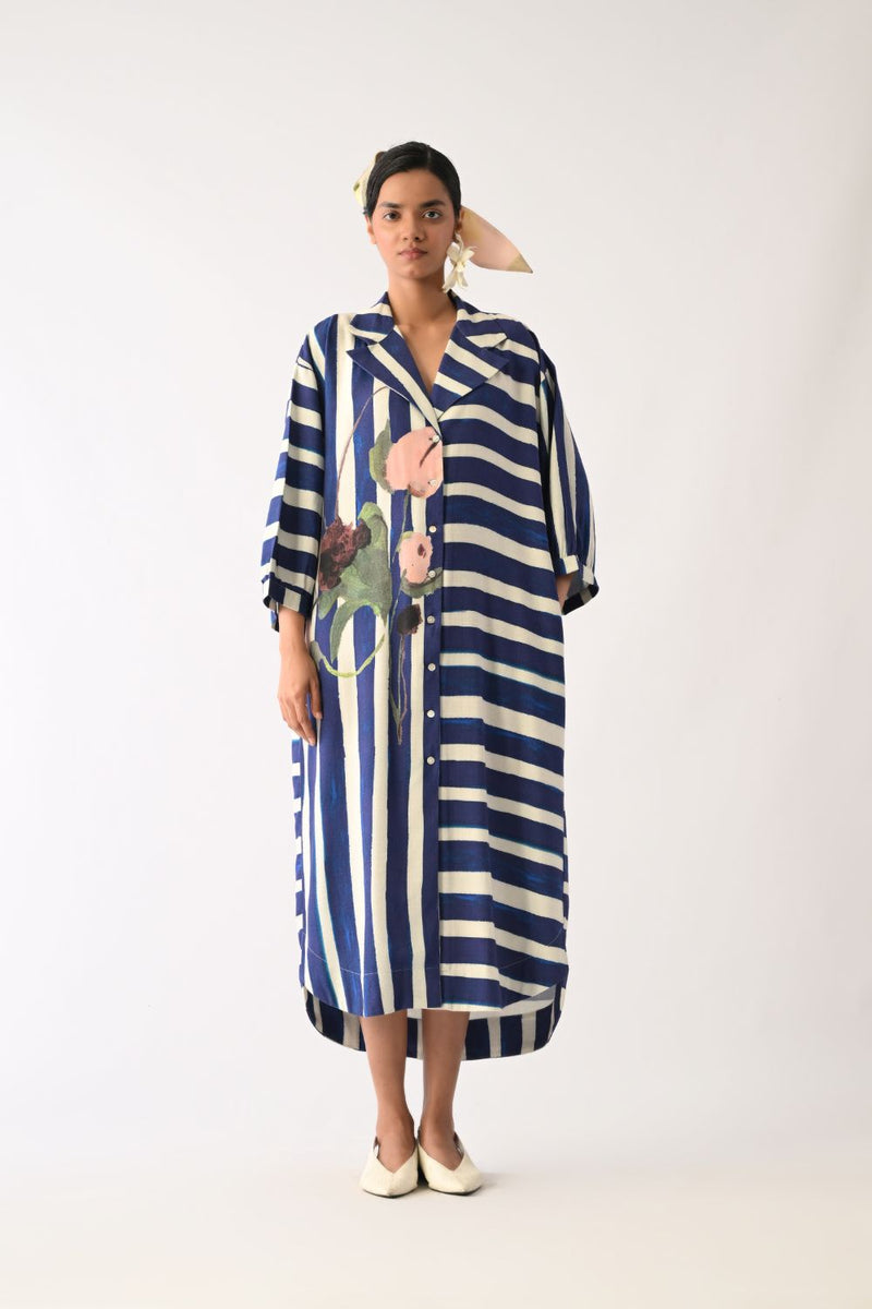 Prussian Trench Dress twill slub dress by O'Frida in royal blue & white for women in Singapore