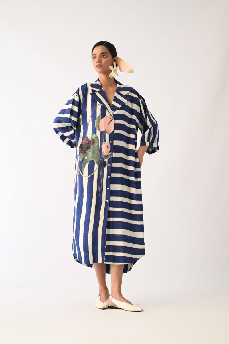 Prussian Trench Dress twill slub dress by O'Frida in royal blue & white for women in Singapore