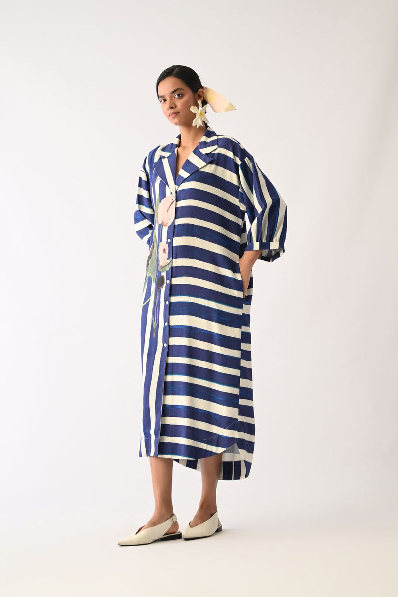 Prussian Trench Dress twill slub dress by O'Frida in royal blue & white for women in Singapore