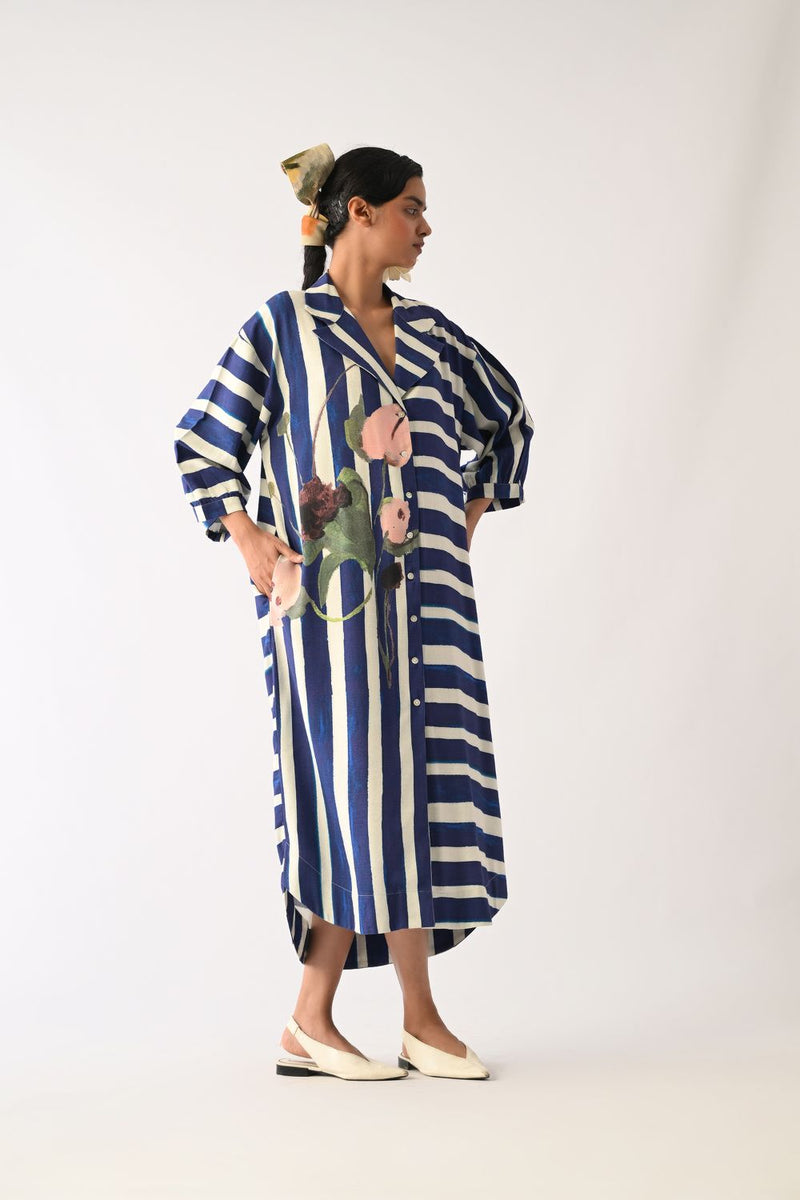 Prussian Trench Dress twill slub dress by O'Frida in royal blue & white for women in Singapore