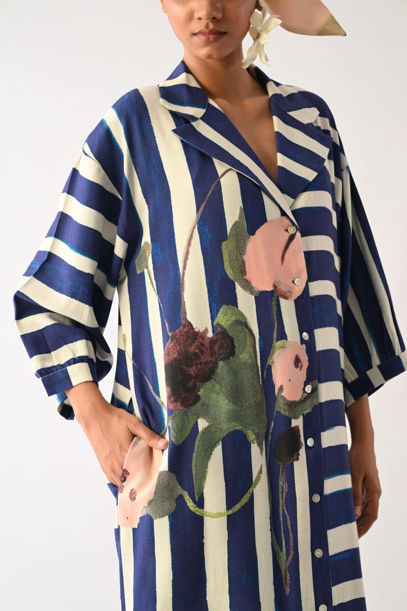 Prussian Trench Dress twill slub dress by O'Frida in royal blue & white for women in Singapore