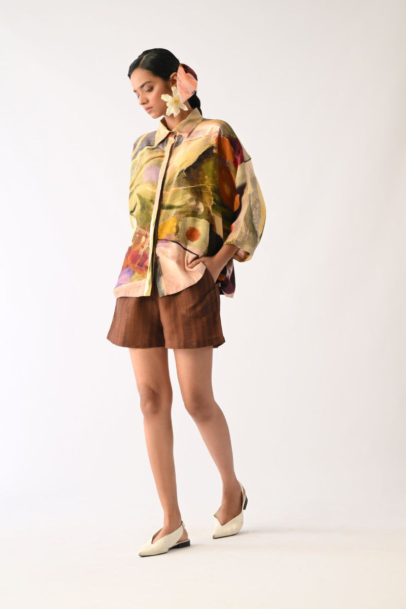 Brown Stripes Shorts cotton shorts-for-women by O'Frida in brown for women in Singapore
