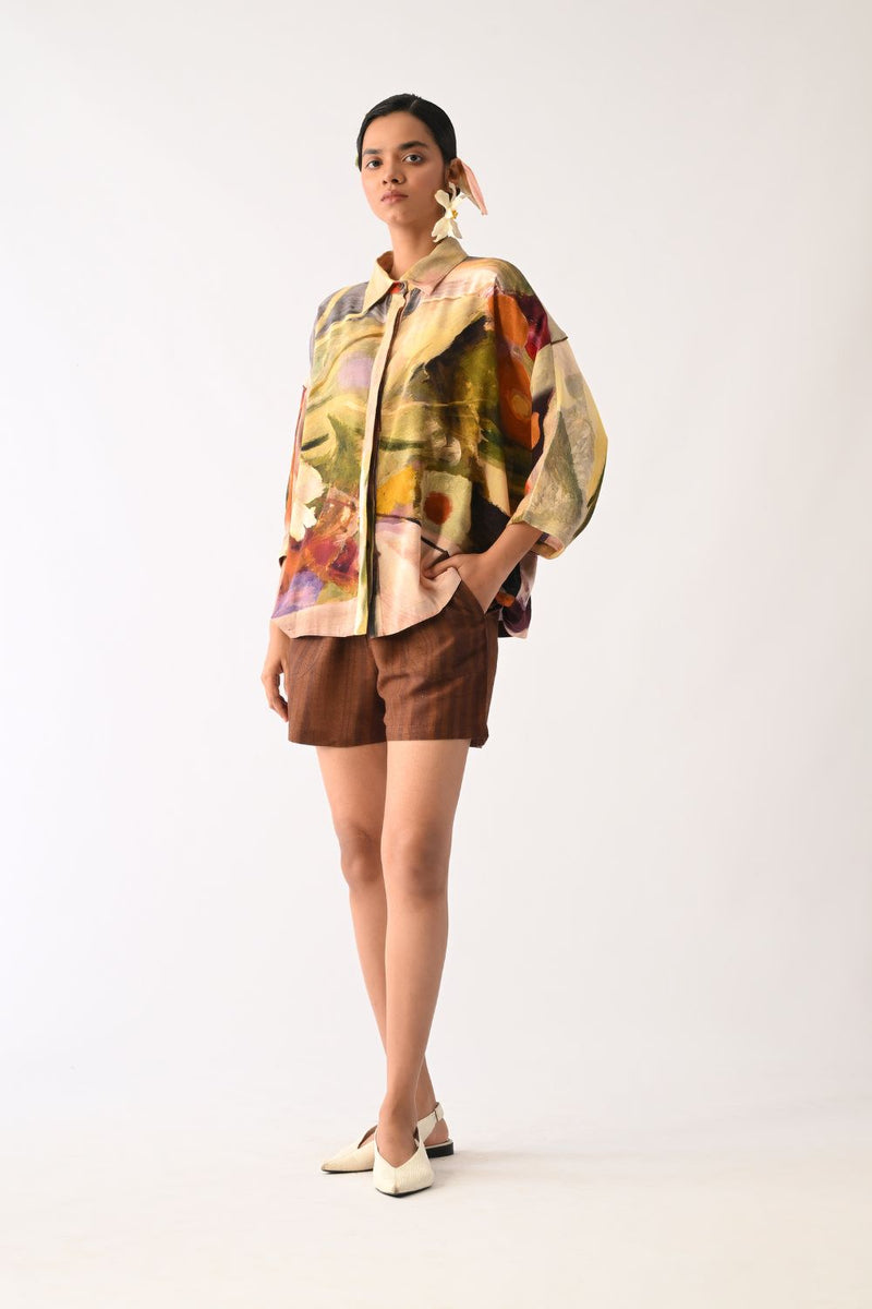 Brown Stripes Shorts cotton shorts-for-women by O'Frida in brown for women in Singapore