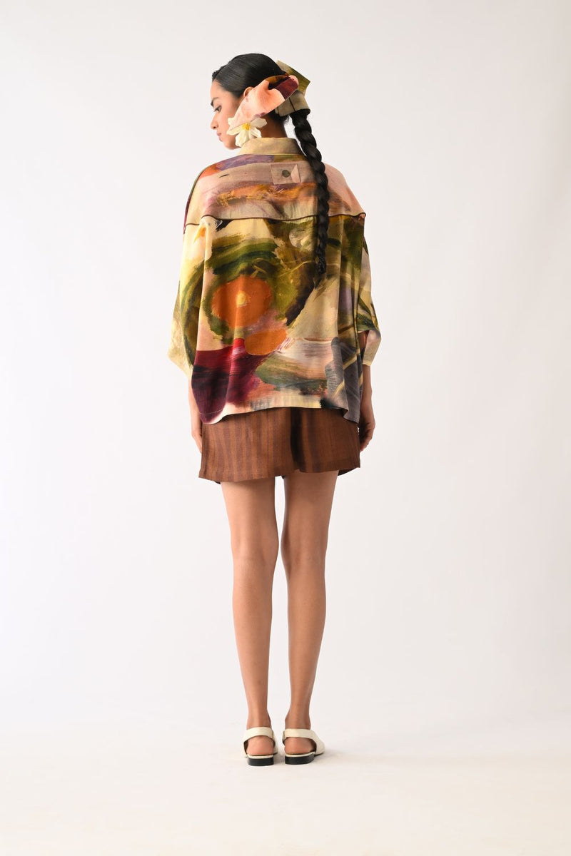 Brown Stripes Shorts cotton shorts-for-women by O'Frida in brown for women in Singapore