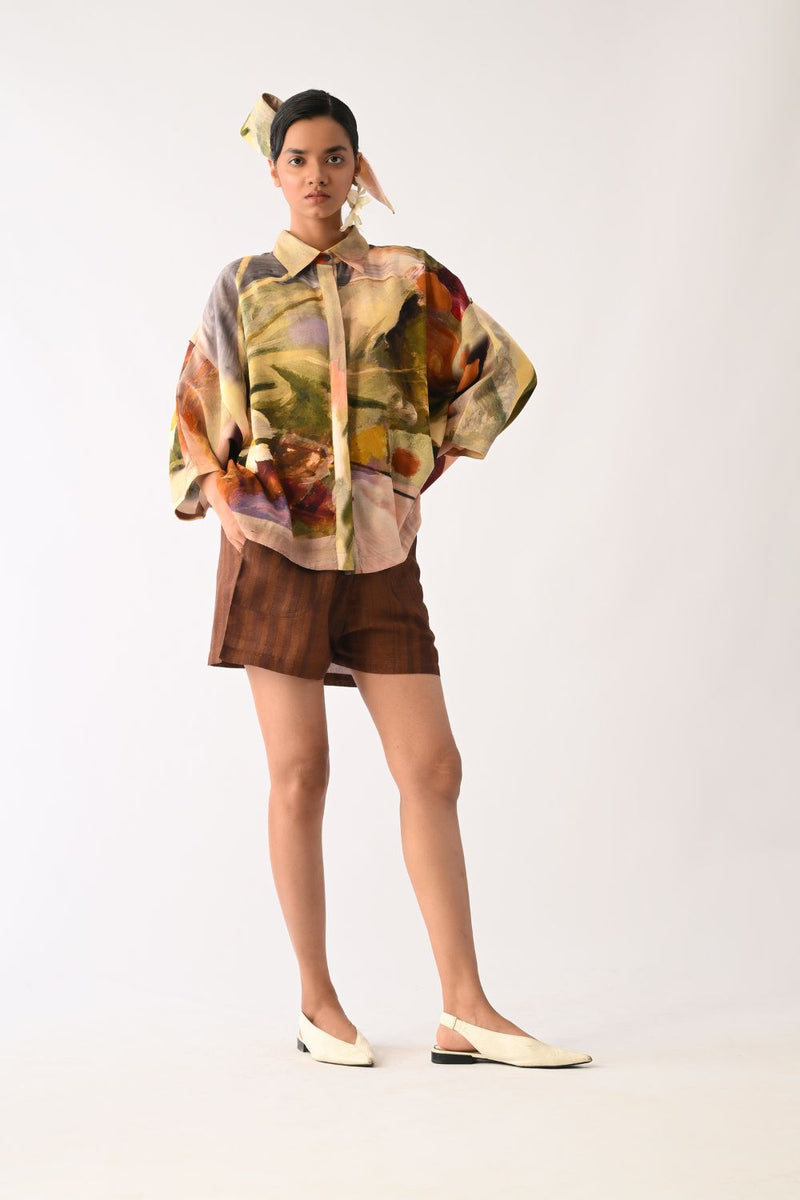 Brown Stripes Shorts cotton shorts-for-women by O'Frida in brown for women in Singapore
