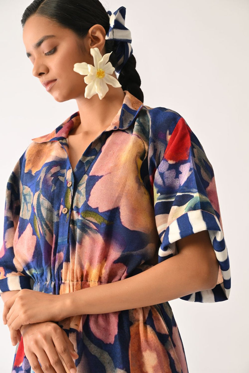 Liberty RB Poem Dress cotton dress by O'Frida in royal blue for women in Singapore