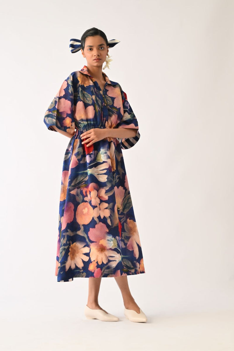 Liberty RB Poem Dress cotton dress by O'Frida in royal blue for women in Singapore