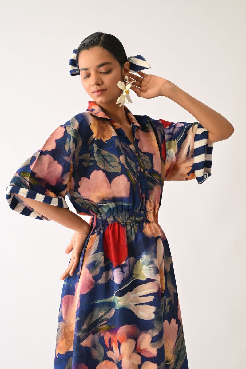 Liberty RB Poem Dress cotton dress by O'Frida in royal blue for women in Singapore