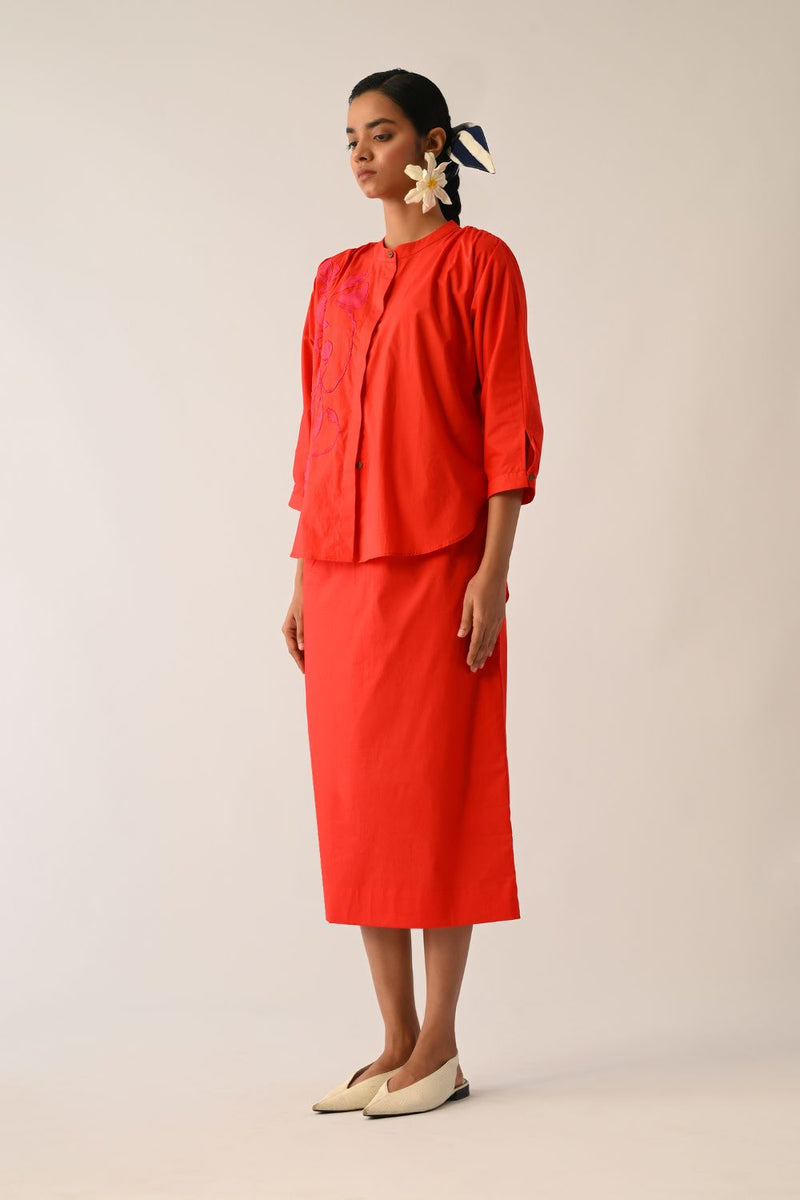 Mono Crimson Appliqué Skirt Set poplin co-ord set by O'Frida in crimson for women in Singapore