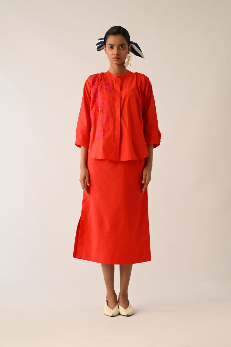 Mono Crimson Appliqué Skirt Set poplin co-ord set by O'Frida in crimson for women in Singapore