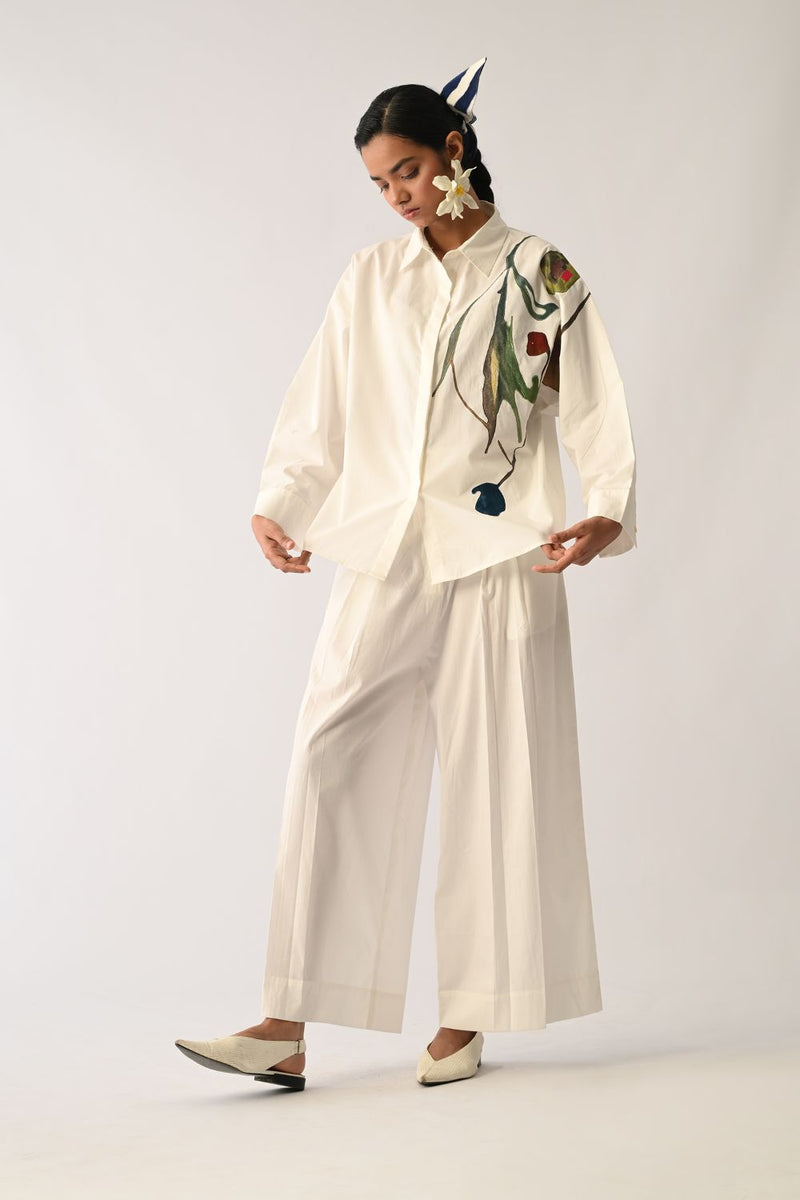 Botanica Ivory Sky Appliqué Shirt Set poplin co-ord set by O'Frida in ivory for women in Singapore