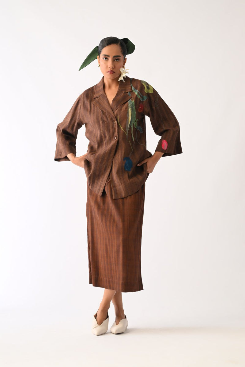 Brown Psyflora Appliqué Shirt Set cotton co-ord set by O'Frida in brown for women in Singapore