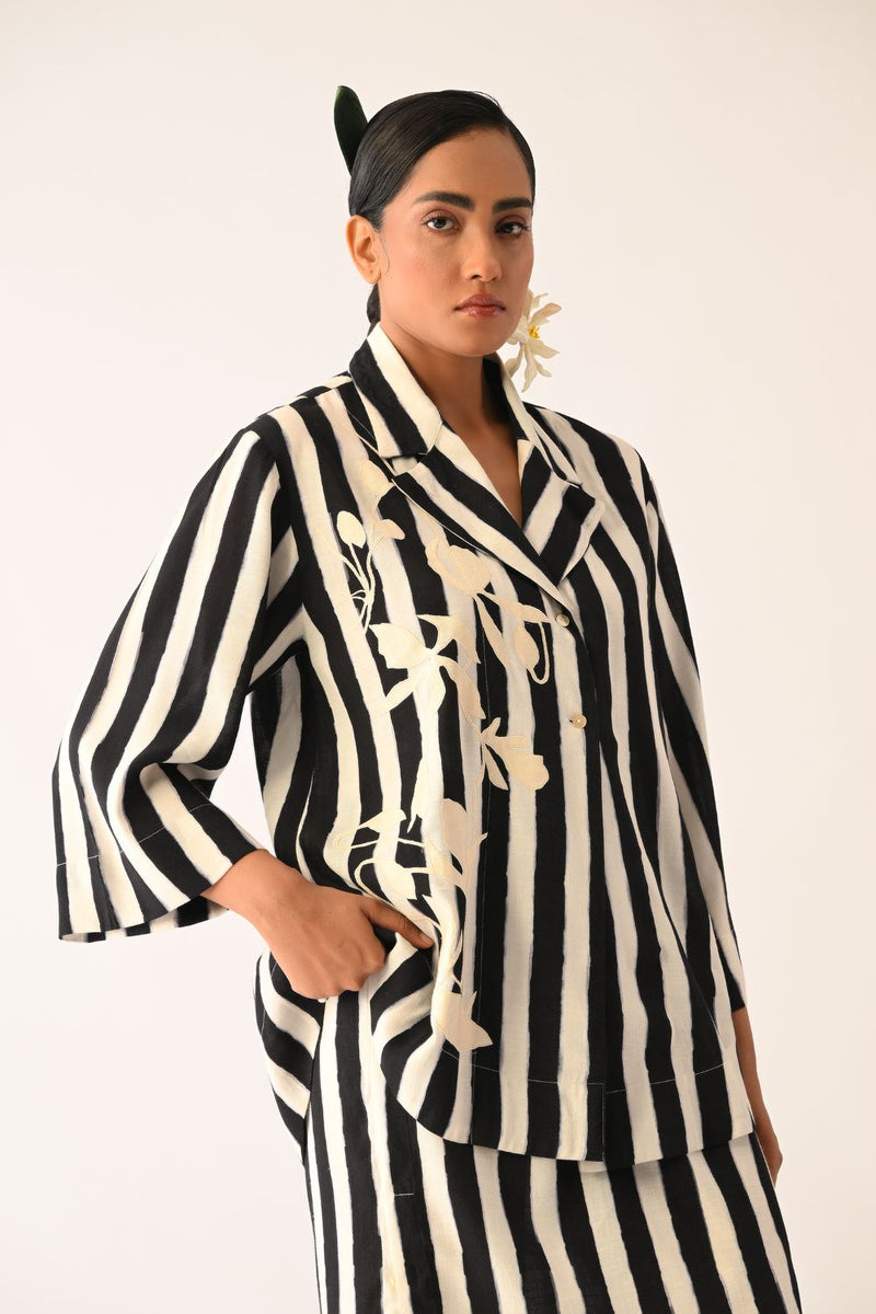 Revolt B&W Psyflora Appliqué Shirt Set cotton co-ord set by O'Frida in black & white for women in Singapore
