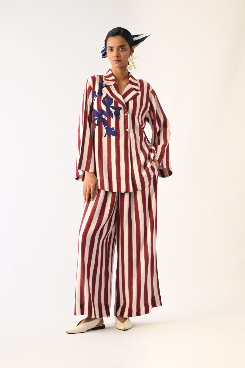 Revolt Bric Psyflora Appliqué Shirt Set cotton co-ord set by O'Frida in red & white for women in Singapore