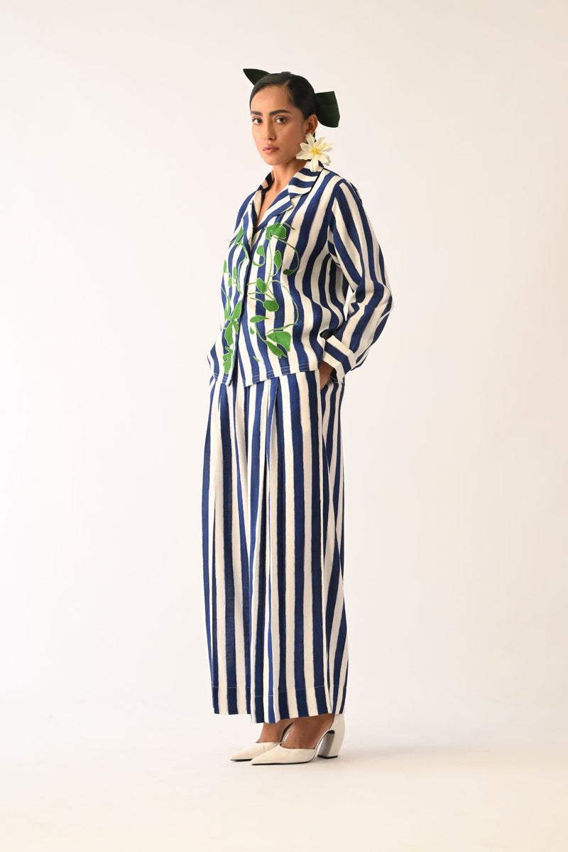 Revolt RB Cuban Collar Appliqué Shirt Set cotton co-ord set by O'Frida in royal blue & white for women in Singapore