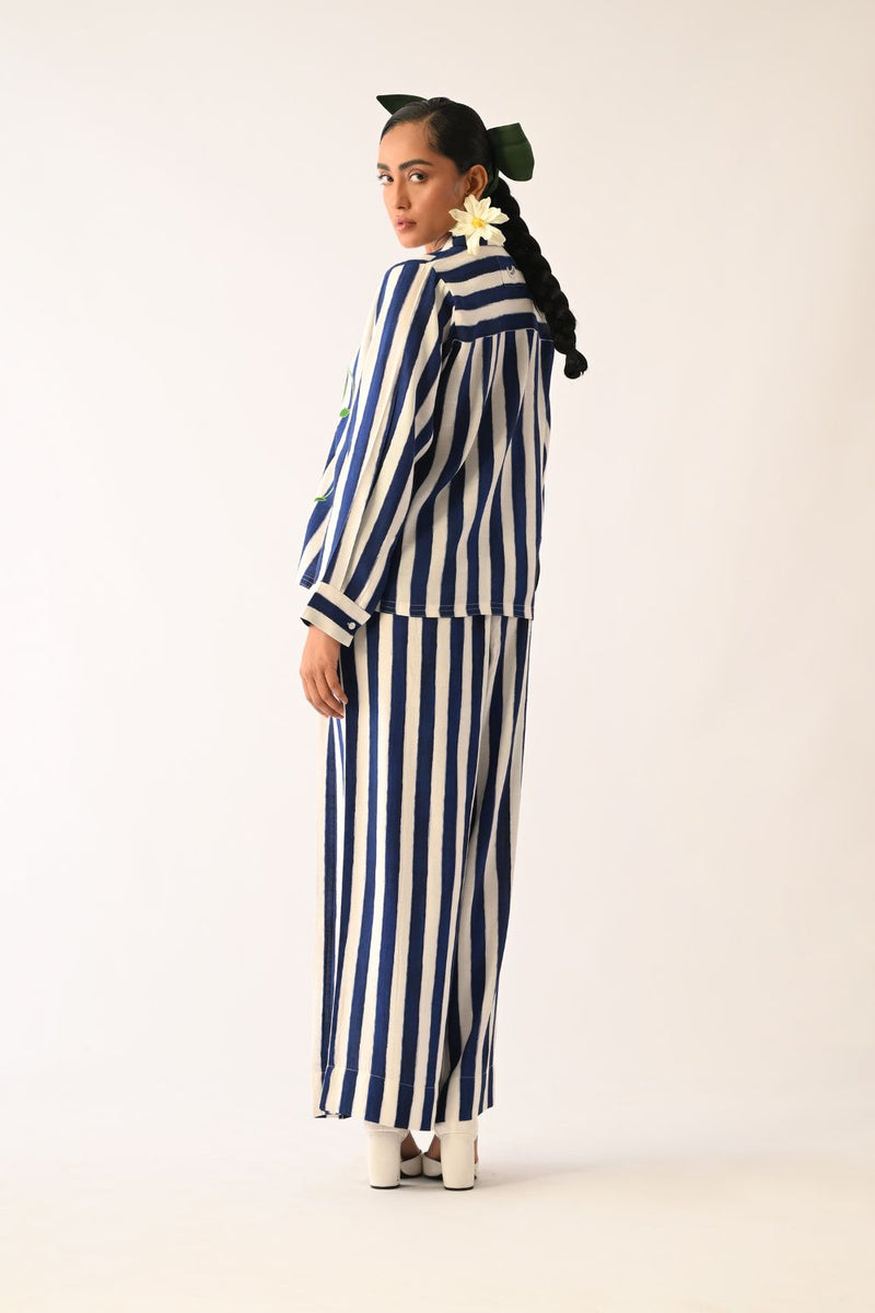 Revolt RB Cuban Collar Appliqué Shirt Set cotton co-ord set by O'Frida in royal blue & white for women in Singapore