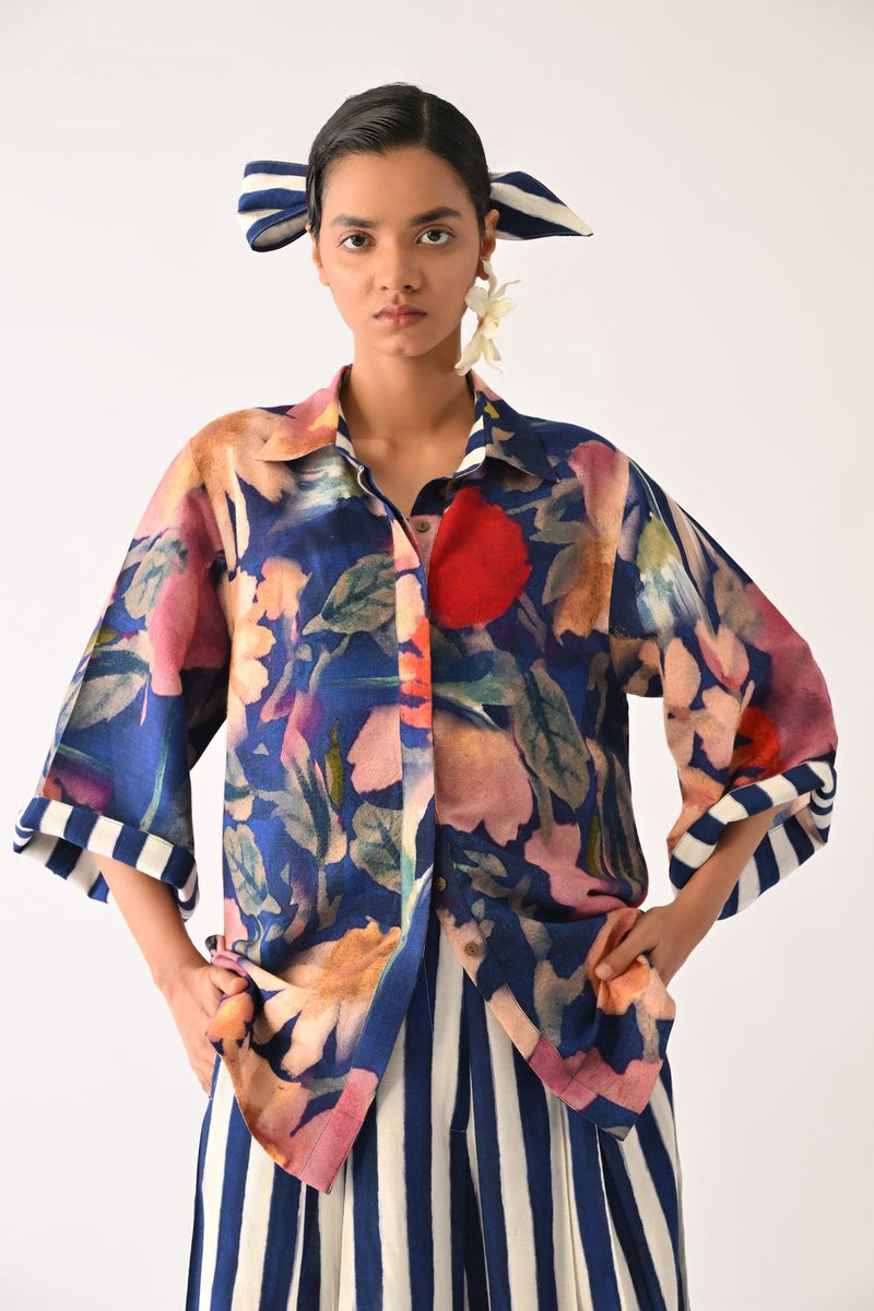 Liberty RB Ivy Shirt Set cotton co-ord set by O'Frida in royal blue for women in Singapore