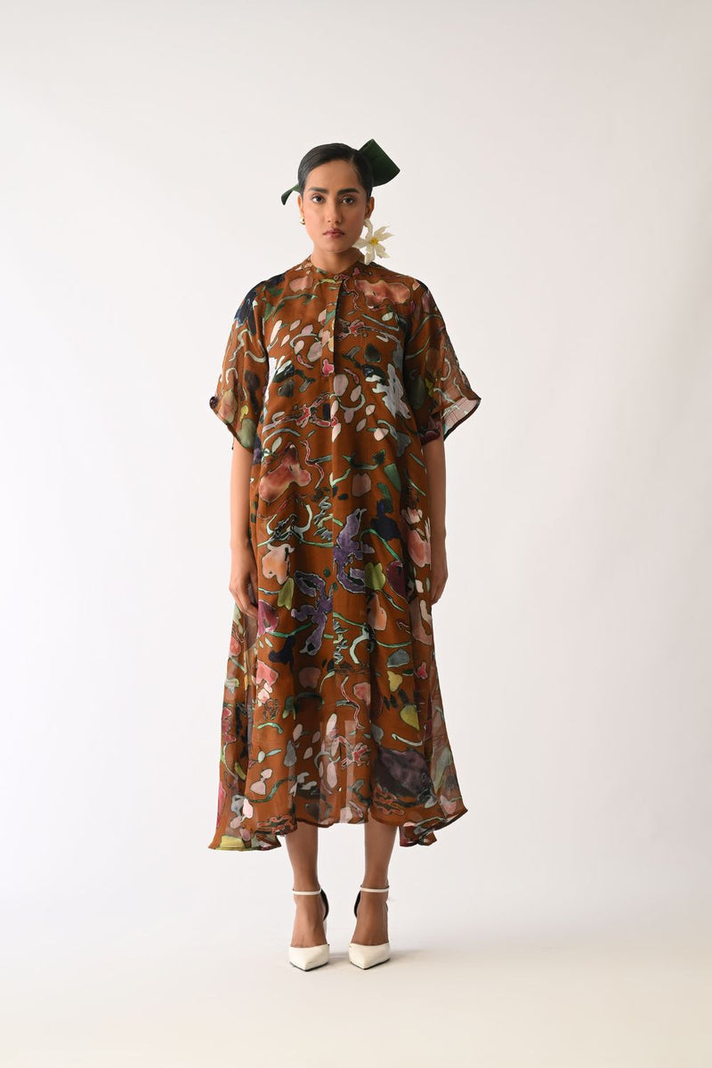 Luminia Brown Overlay Set organza cotton co-ord set by O'Frida in brown for women in Singapore