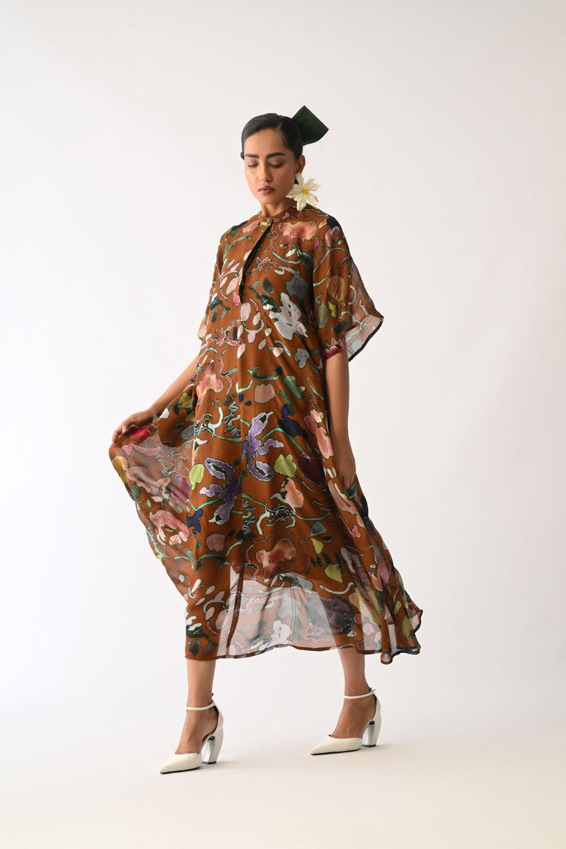 Luminia Brown Overlay Set organza cotton co-ord set by O'Frida in brown for women in Singapore
