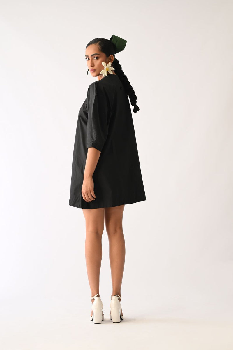Mono Black Bubble Sleeve Aline Short Appliqué Dress poplin dress by O'Frida in all-black for women in Singapore