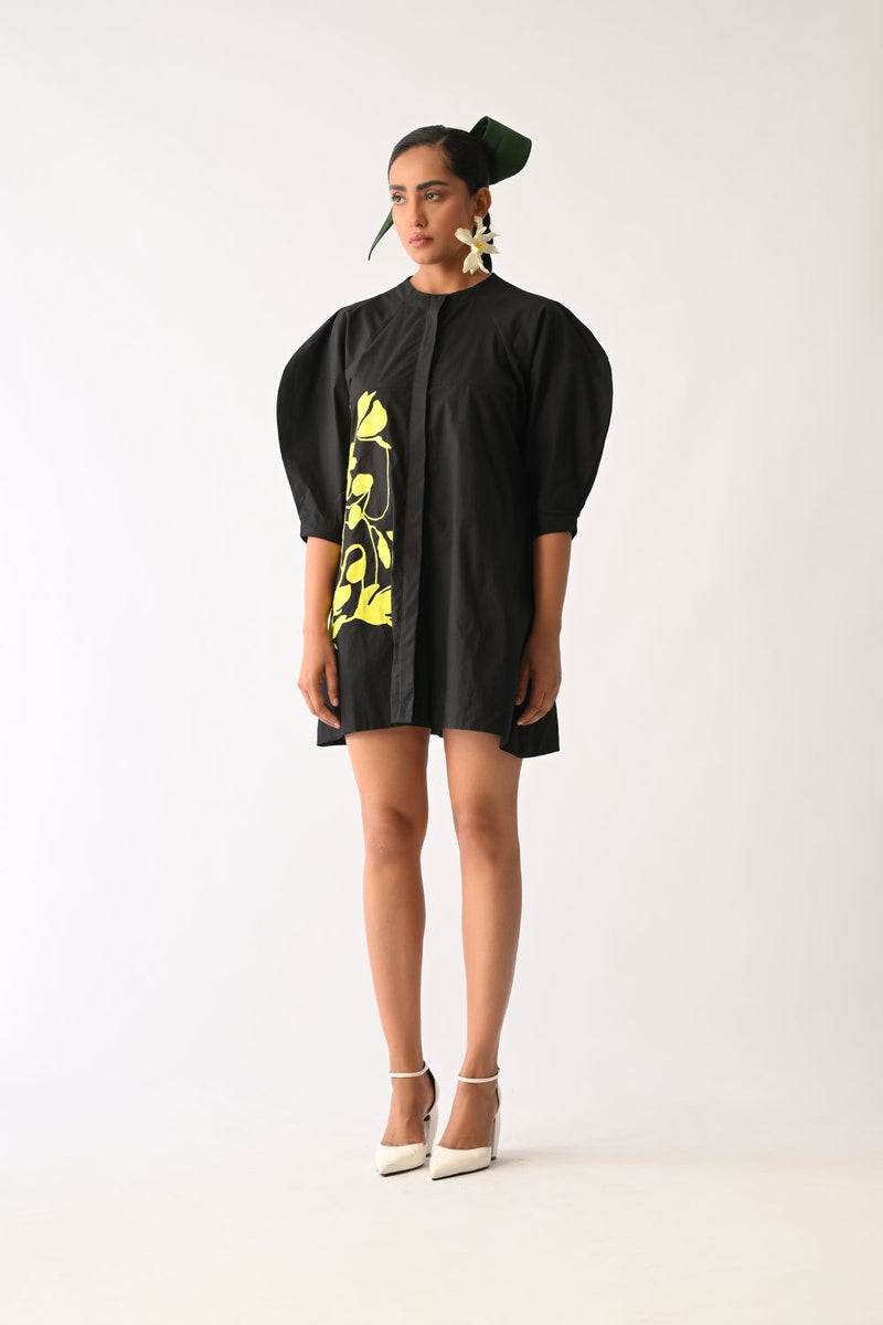 Mono Black Bubble Sleeve Aline Short Appliqué Dress poplin dress by O'Frida in all-black for women in Singapore