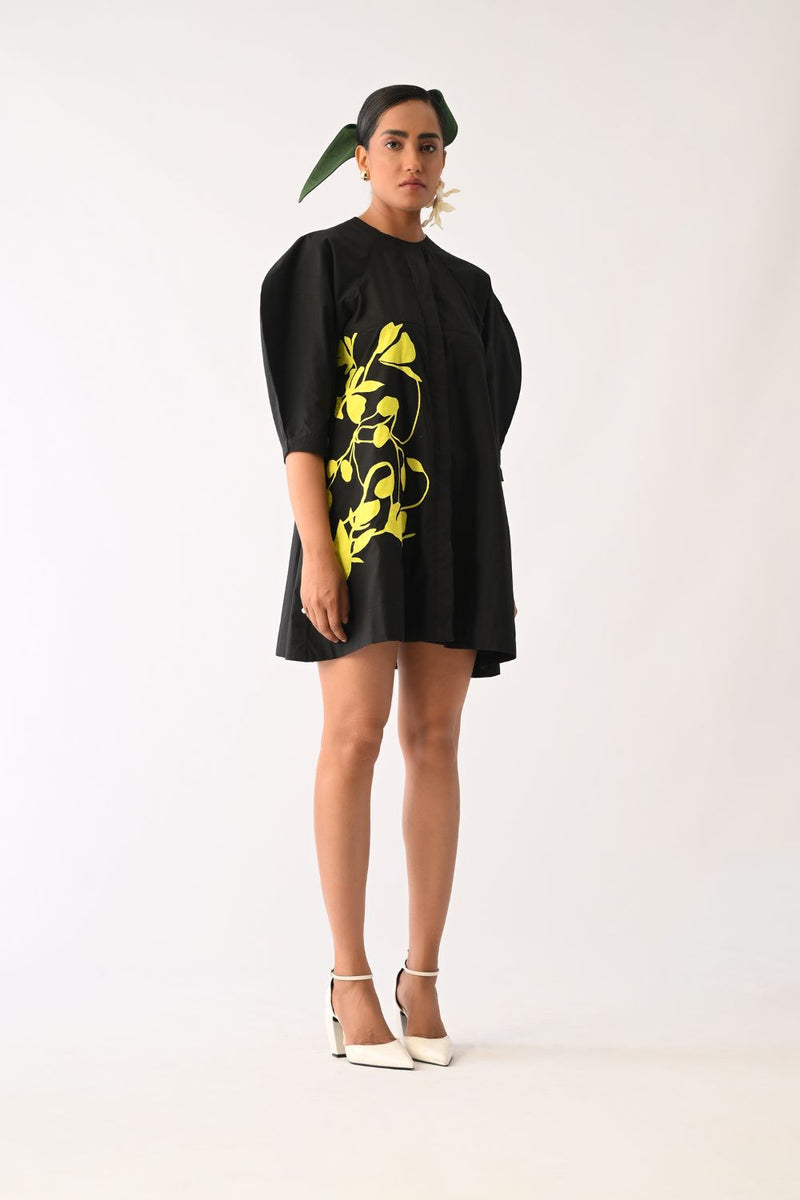 Mono Black Bubble Sleeve Aline Short Appliqué Dress poplin dress by O'Frida in all-black for women in Singapore