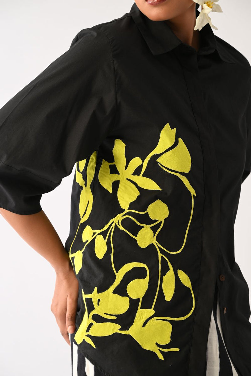 Mono Black Lantern Sleeve Appliqué Top poplin top/shirt by O'Frida in all-black for women in Singapore