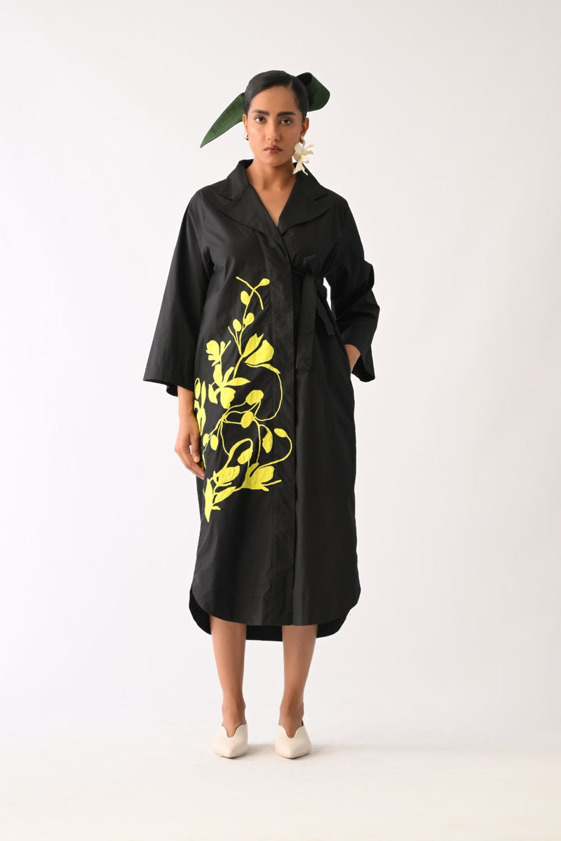 Mono Black Wrap Appliqué Dress poplin dress by O'Frida in all-black for women in Singapore