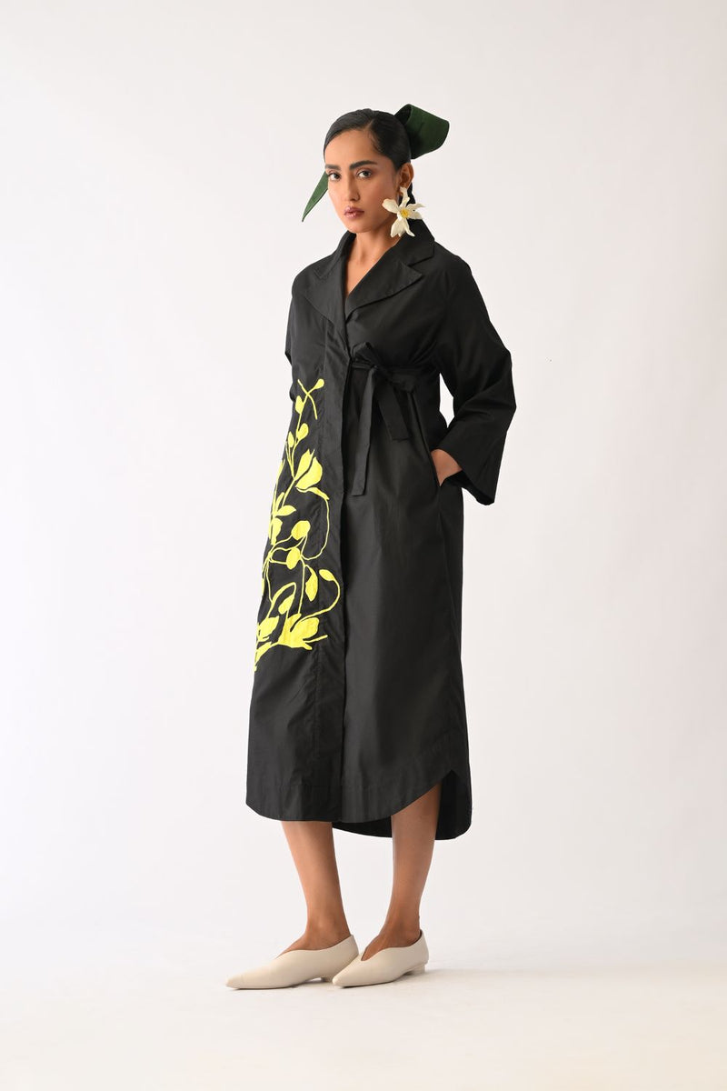 Mono Black Wrap Appliqué Dress poplin dress by O'Frida in all-black for women in Singapore
