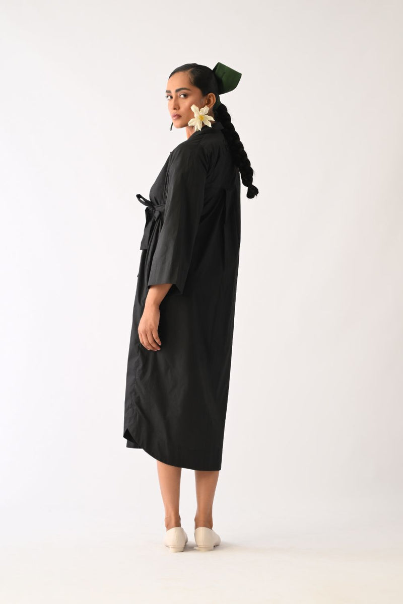 Mono Black Wrap Appliqué Dress poplin dress by O'Frida in all-black for women in Singapore