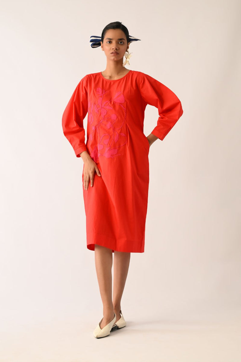 Mono Crimson Midi Gathered Appliqué Dress poplin dress by O'Frida in crimson for women in Singapore
