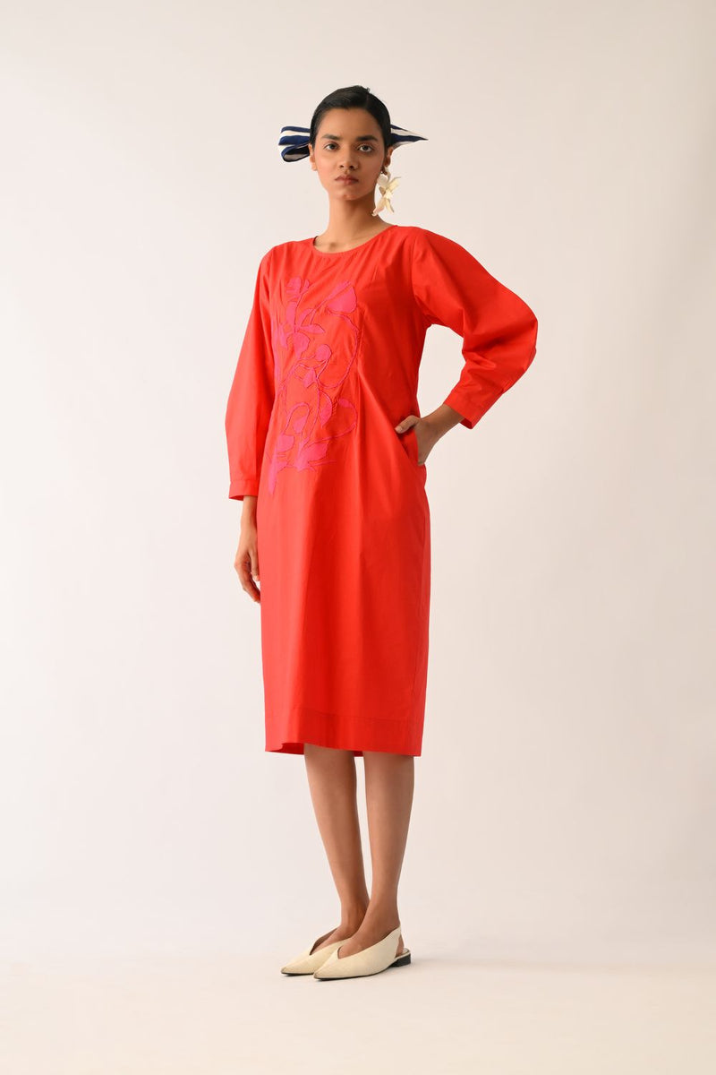 Mono Crimson Midi Gathered Appliqué Dress poplin dress by O'Frida in crimson for women in Singapore