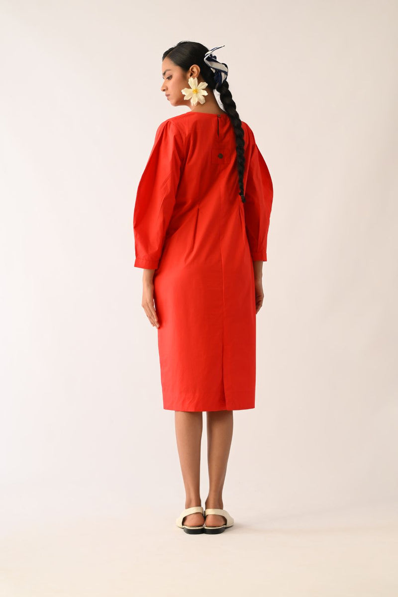 Mono Crimson Midi Gathered Appliqué Dress poplin dress by O'Frida in crimson for women in Singapore