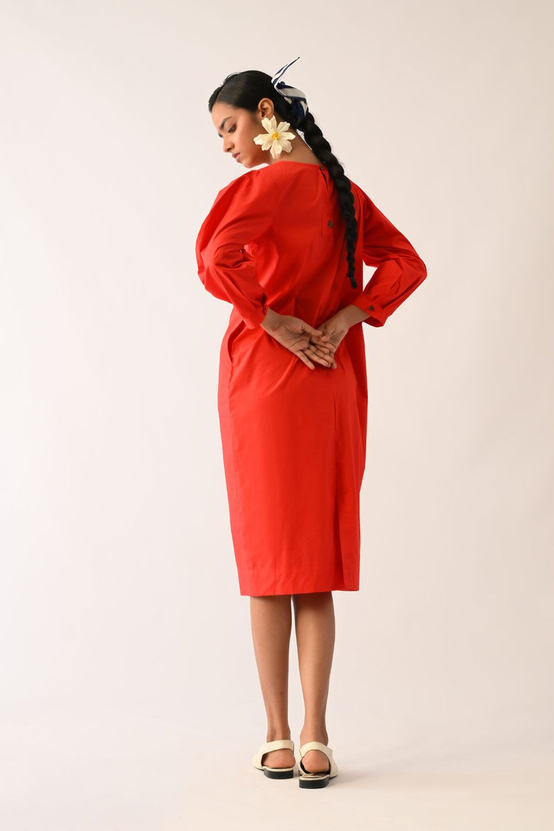 Mono Crimson Midi Gathered Appliqué Dress poplin dress by O'Frida in crimson for women in Singapore