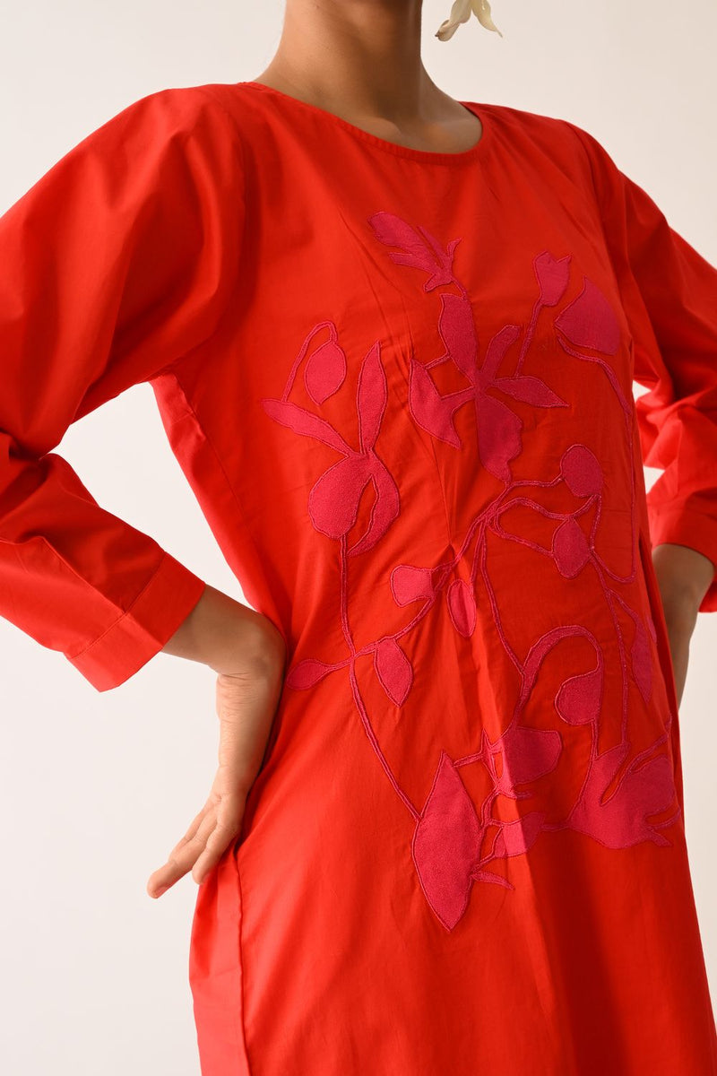 Mono Crimson Midi Gathered Appliqué Dress poplin dress by O'Frida in crimson for women in Singapore
