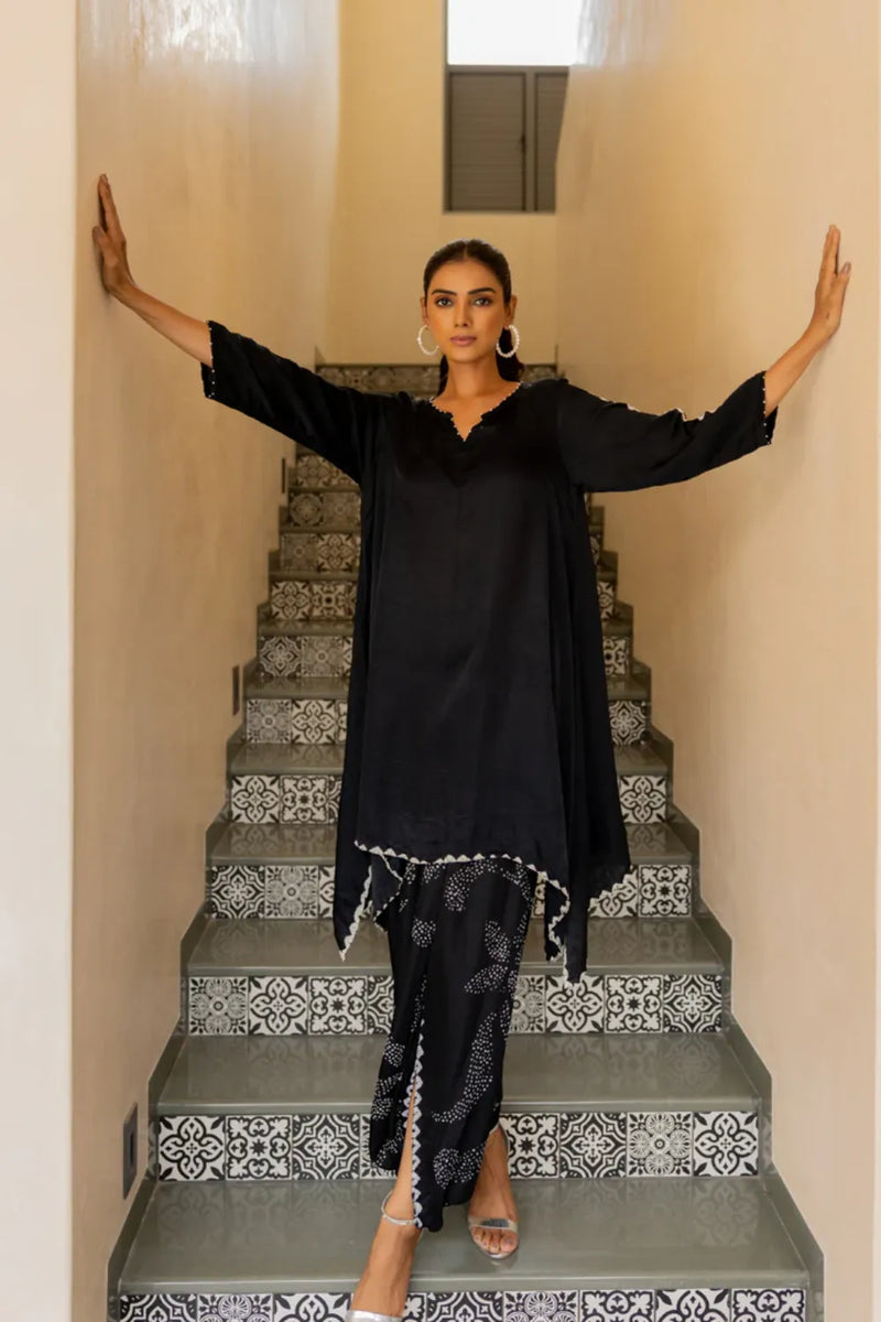 ORIGAMI SKIRT SET-BLACK silk by Dyelogue in black color for women in Singapore