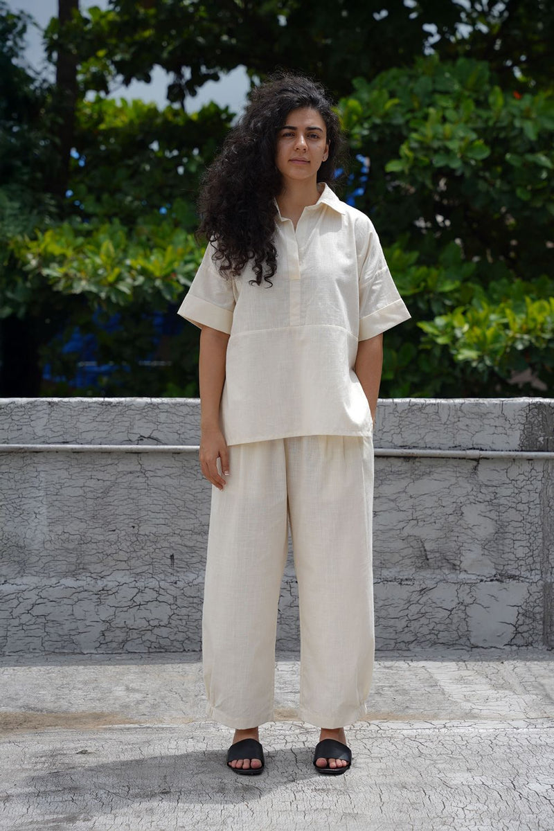 Oatmeal Ekin Shirt & Hera Cotton Co-Ord Set (2 PCS) cotton by Mati for women in Singapore