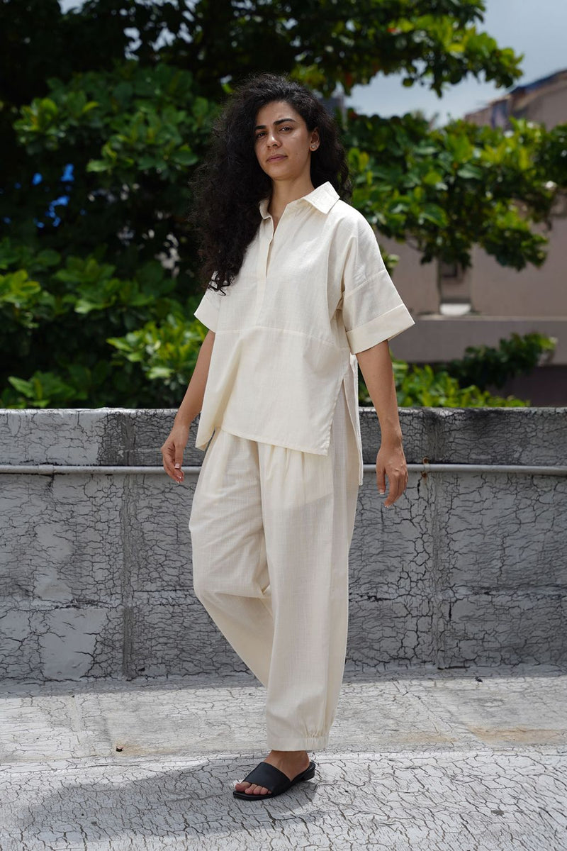 Oatmeal Ekin Shirt & Hera Cotton Co-Ord Set (2 PCS) cotton by Mati for women in Singapore
