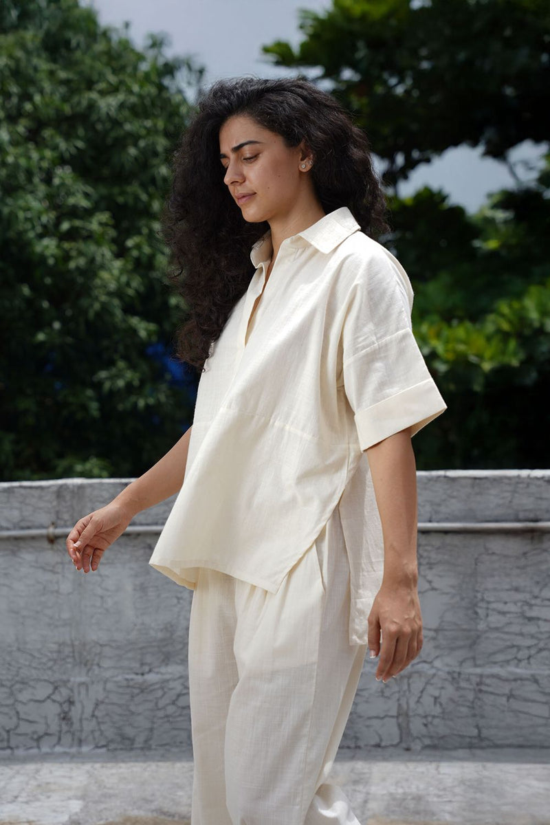 Oatmeal Ekin Shirt & Hera Cotton Co-Ord Set (2 PCS) cotton by Mati for women in Singapore