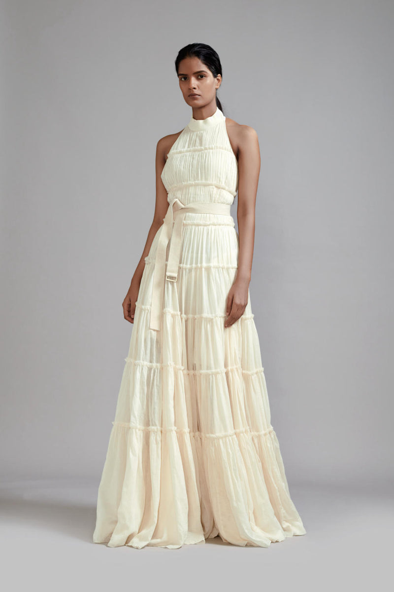 Off-White Backless Tiered Gown cotton by Mati in white color for women in Singapore