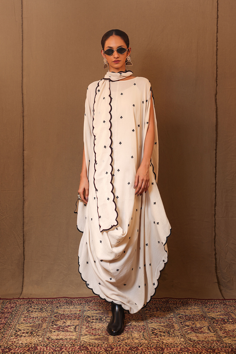 Off-White Black Club EMB Cowl Dress & Stole (3 PCS) 100% cotton by Mati in white color for women in Singapore