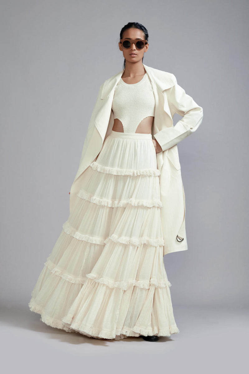 Off-White Bodysuit-Lehenga-Jacket Set (3 PCS) cotton Lehenga Sets by Mati in white color for women in Singapore